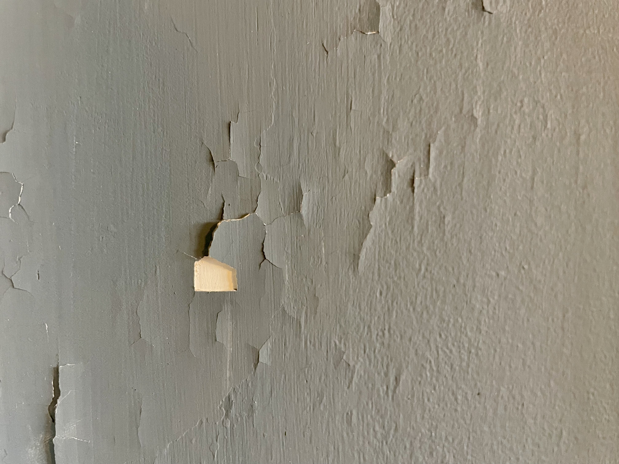 Close-up of a deteriorating wall surface with extensive flaking and peeling paint, commonly associated with aging or hazardous materials. The damage suggests potential environmental concerns, making this area a candidate for lead paint surveys.