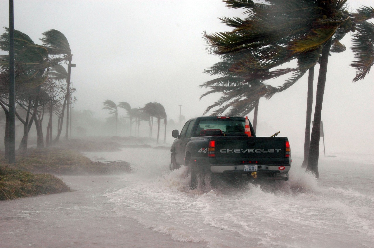 A pickup truck drives through hurricane-like weather with heavy rain and strong winds bending nearby palm trees, illustrating the resilience and reliability of environmental construction support services in extreme conditions.