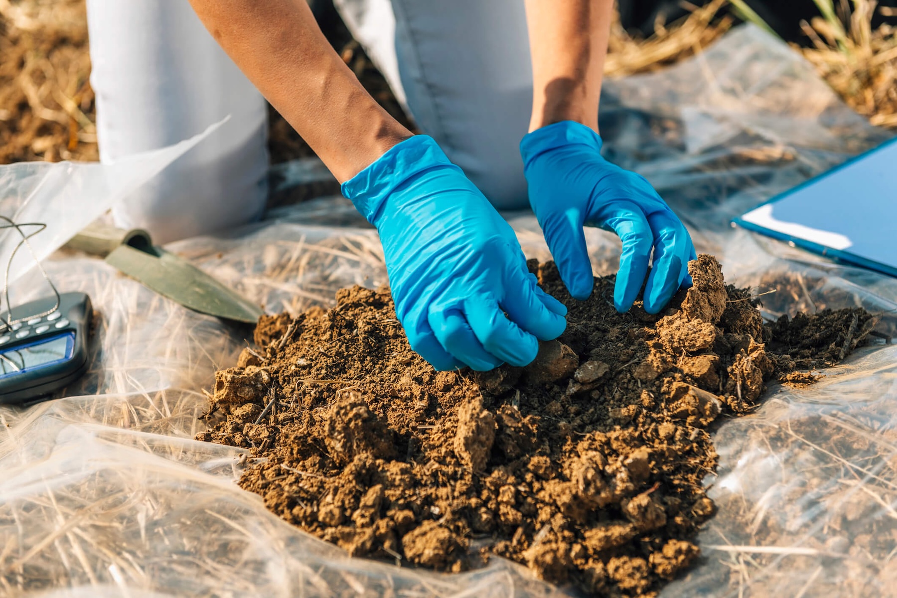 Close-up of a professional wearing blue gloves collecting soil samples in the field during a subsurface investigation conducted as part of environmental due diligence.
