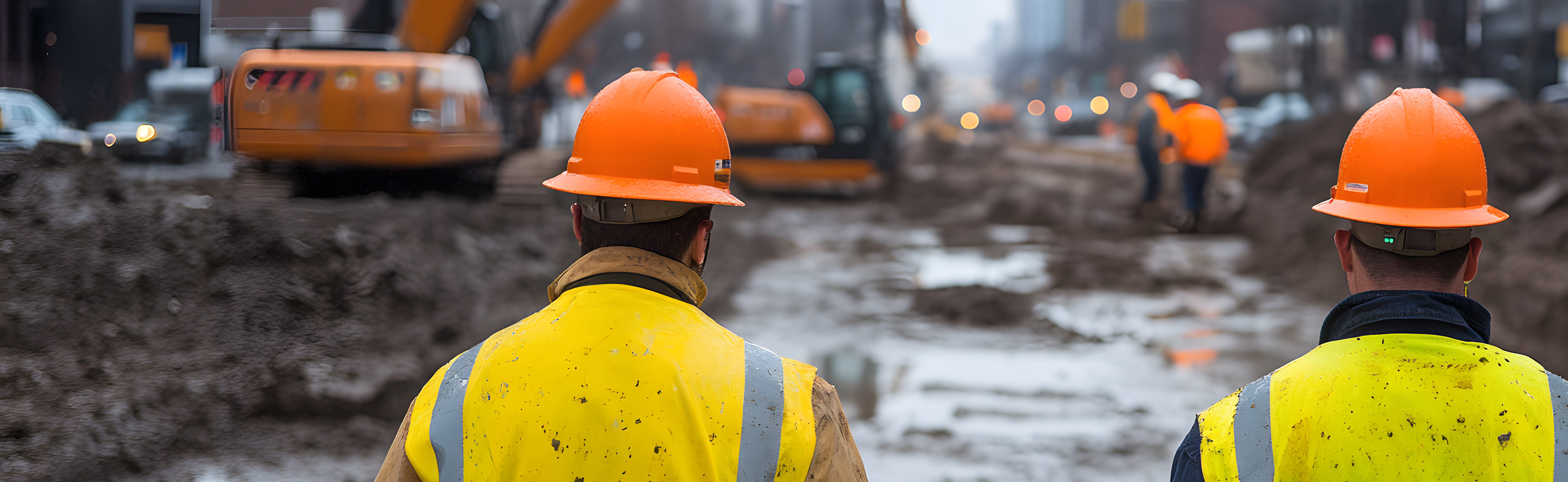 Construction crew in protective gear overseeing a muddy construction site. Workers, safety, and urban infrastructure come to mind in this scene.