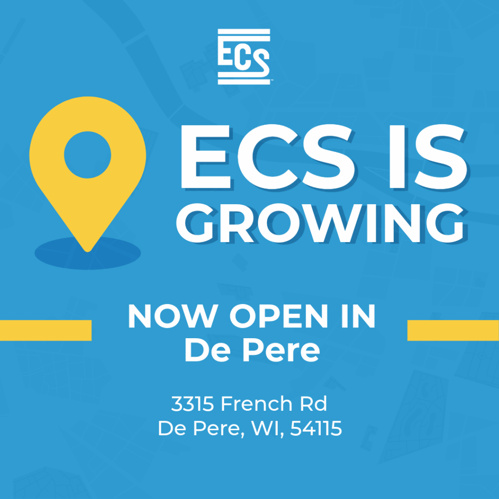 Graphic announcing ECS's new office location. The background features a blue abstract map design with a large yellow location pin icon. White and blue bold text reads: 'ECS is Growing. Now Open in De Pere.' Below that, the address is listed: '3315 French Rd, De Pere, WI, 54115.' The ECS company logo appears at the top.