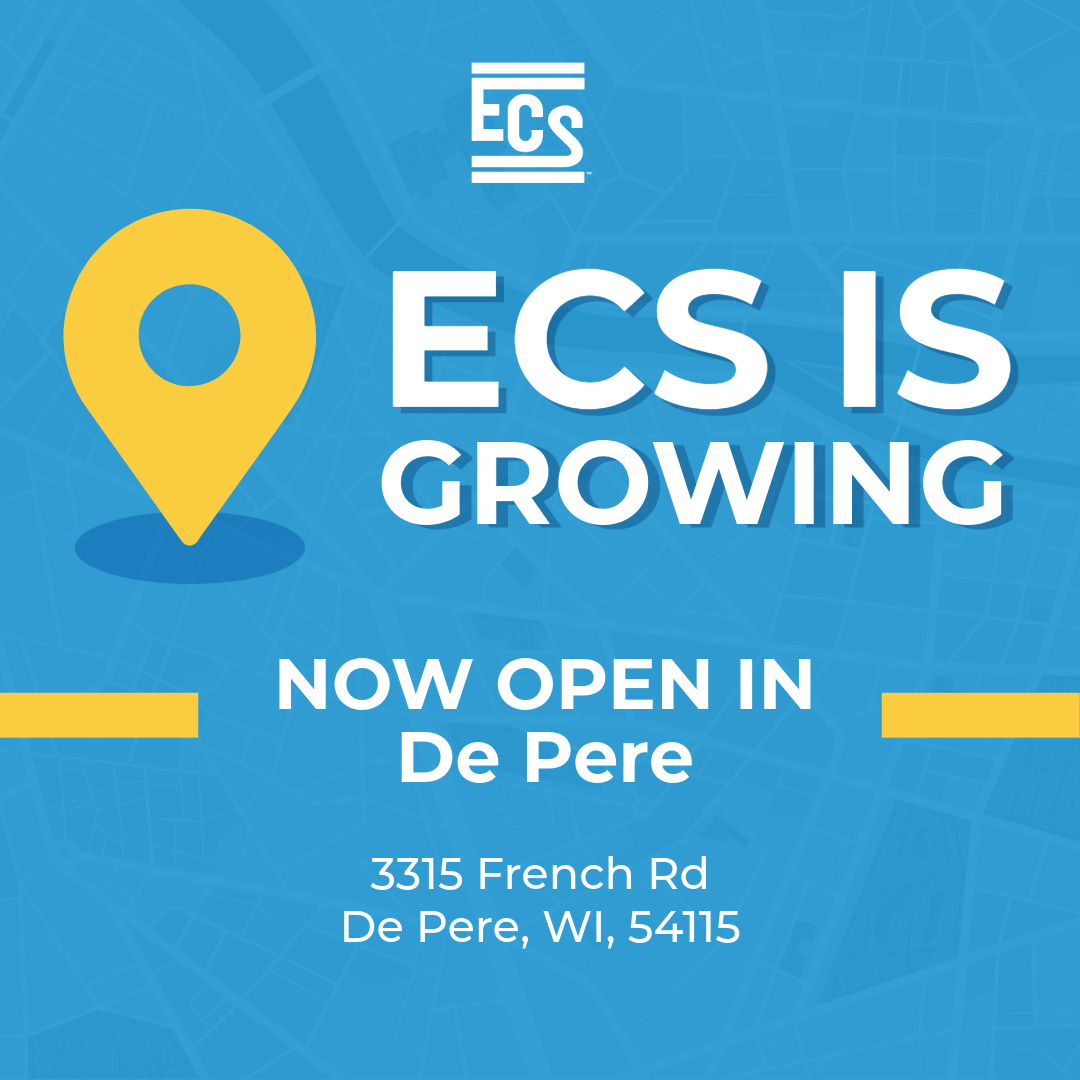 Graphic announcing ECS's new office location. The background features a blue abstract map design with a large yellow location pin icon. White and blue bold text reads: 'ECS is Growing. Now Open in De Pere.' Below that, the address is listed: '3315 French Rd, De Pere, WI, 54115.' The ECS company logo appears at the top.