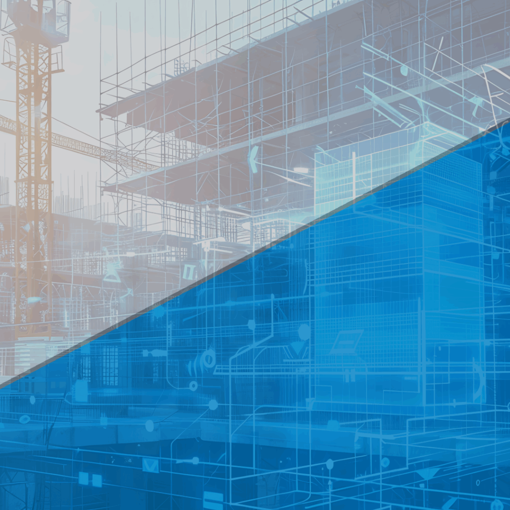 Digital blueprint background with construction elements overlaid by the bold headline 'Beyond the Surface: How Material Intelligence Is Shaping Our Built World' in white and yellow text, with the ECS logo centered below.