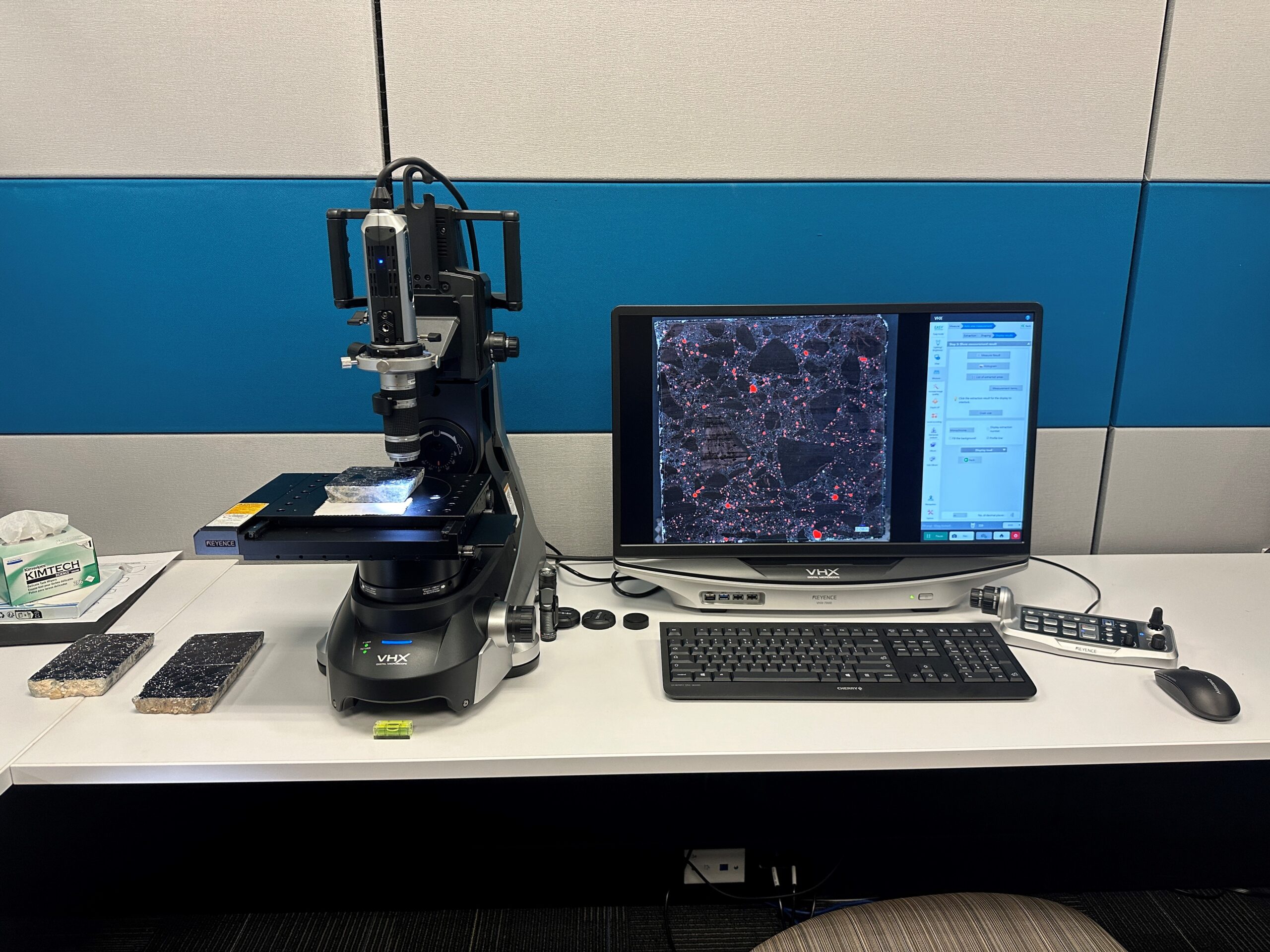 Digital blueprint background with construction elements overlaid by the bold headline 'Beyond the Surface: How Material Intelligence Is Shaping Our Built World' in white and yellow text, with the ECS logo centered below.