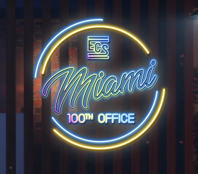 Neon sign graphic celebrating ECS 100th office in Miami, Florida. The design features colorful glowing text that reads “ECS Miami 100th Office,” symbolizing ECS Group of Companies' national expansion milestone.
