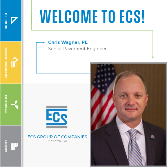 Welcome Graphic for Chris Wagner joining the firm. with ECS Logo in the bottom center and Chris Wagner's Headshot in the bottom right.