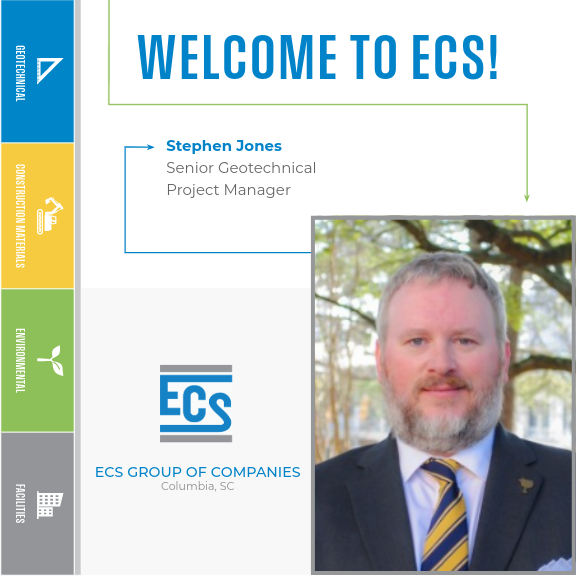 Welcome Graphic for Stephen Jones joining the firm. with ECS Logo in the bottom center and Stephen Jone's Headshot in the bottom right.