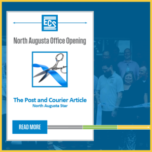 News promotional graphic featuring Leo Titus Jr, Pentagon information and an ECS logo and title "North Augusta Office Opening" with ribbon cutting graphic, and a "Read More" button.