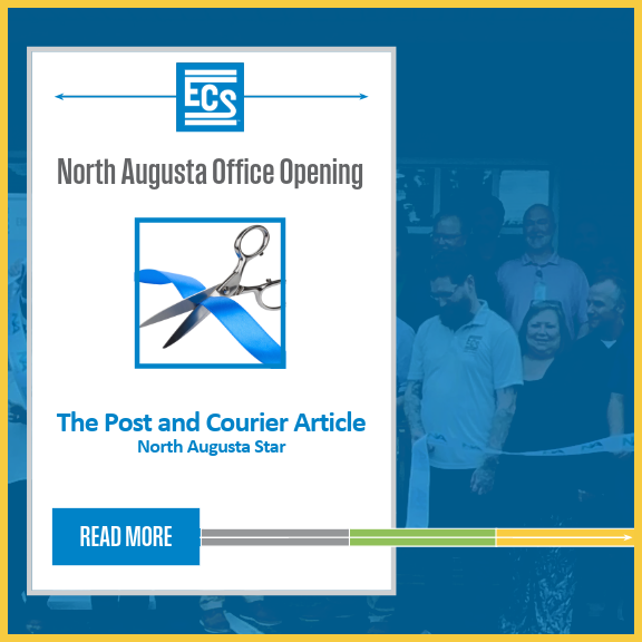 News promotional graphic featuring Leo Titus Jr, Pentagon information and an ECS logo and title "North Augusta Office Opening" with ribbon cutting graphic, and a "Read More" button.