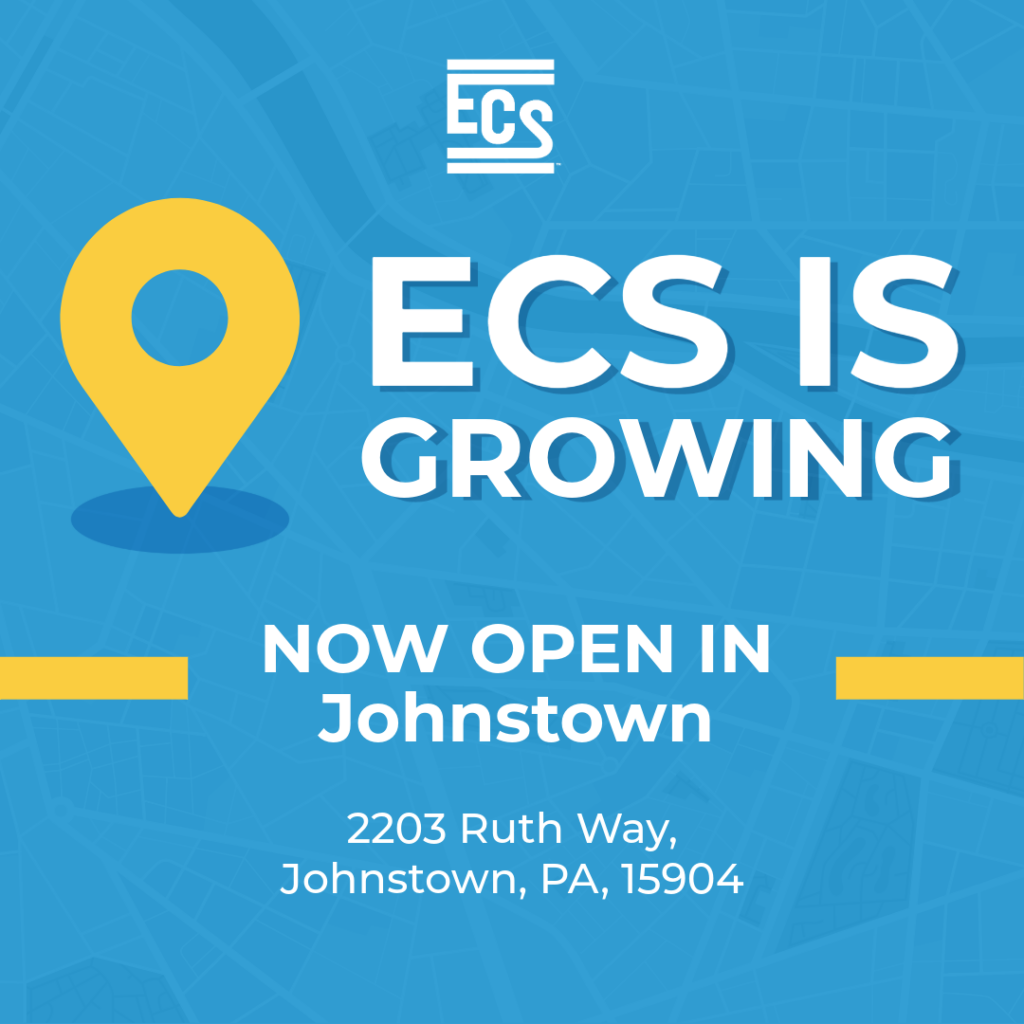 Graphic announcing ECS's new office location. The background features a blue abstract map design with a large yellow location pin icon. White and blue bold text reads: 'ECS is Growing. Now Open in 'Johnstown.' Below that, the address is listed: '2203 Ruth Way, Johnstown, PA,.' The ECS company logo appears at the top.