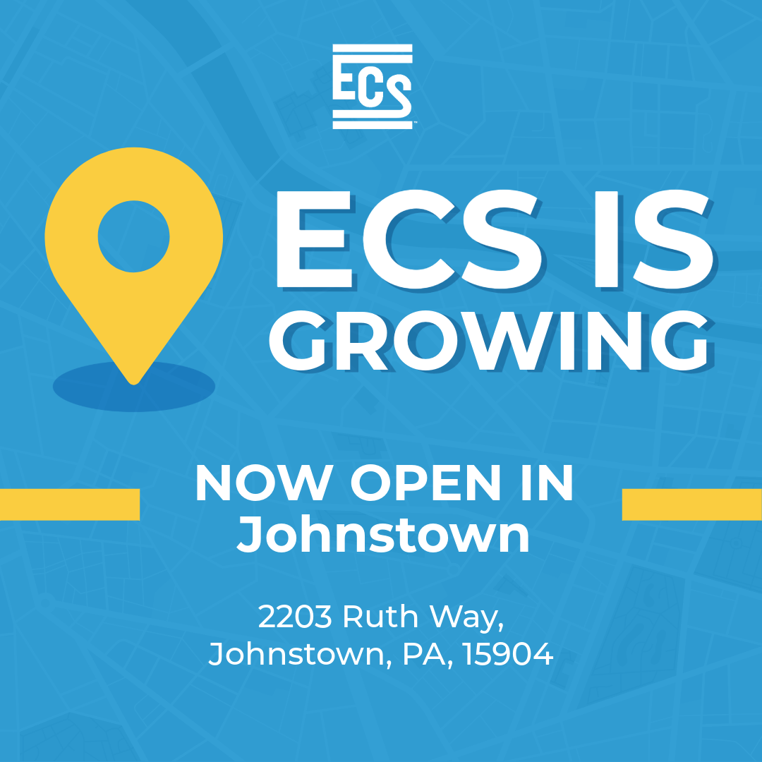 Graphic announcing ECS's new office location. The background features a blue abstract map design with a large yellow location pin icon. White and blue bold text reads: 'ECS is Growing. Now Open in 'Johnstown.' Below that, the address is listed: '2203 Ruth Way, Johnstown, PA,.' The ECS company logo appears at the top.