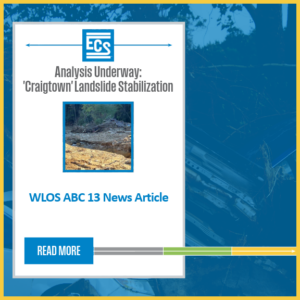 News promotional graphic featuring Leo Titus Jr, Pentagon information and an ECS logo and title "Analysis Underway: 'Craigtown' Landslide Stabilization" with landslide photo, and a "Read More" button.