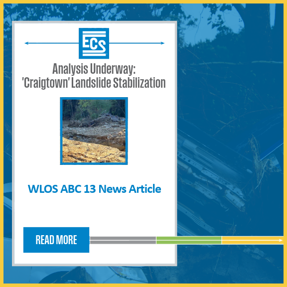 News promotional graphic featuring Leo Titus Jr, Pentagon information and an ECS logo and title "Analysis Underway: 'Craigtown' Landslide Stabilization" with landslide photo, and a "Read More" button.