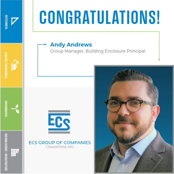 Congratulations Graphic for Andy Andrew's Promotion. with ECS Logo in the bottom center and Andy Andrew's Headshot in the bottom right.