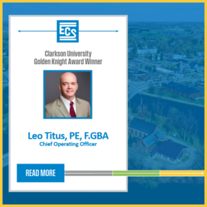 News promotional graphic featuring Leo Titus Jr, and an ECS logo and title "Clarkson University Golden Knight Award Winner" with headshot of Leo Titus Jr, and a "Read More" button.
