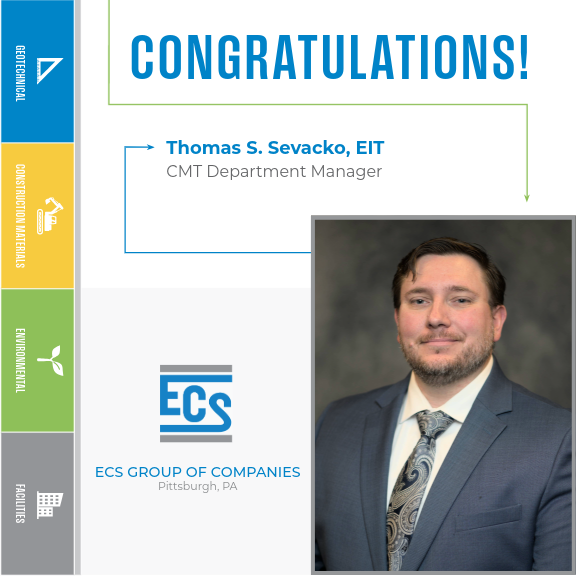 ECS Announces the Promotion of Thomas Sevacko, EIT, to CMT Department Manager Congratulations Graphic for Thomas Sevacko. with ECS Logo in the bottom center and Thomas Sevacko's Headshot in the bottom right.
