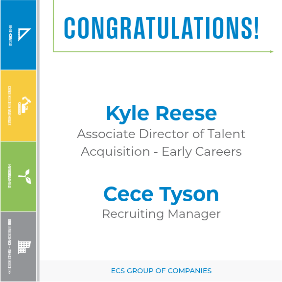 Congratulations group graphic with "Kyle Reese, Associate Director of Talent Acquisition - Early Careers and Cece Tyson, Recruiting Manager" listed and ECS Group of Companies on the Bottom