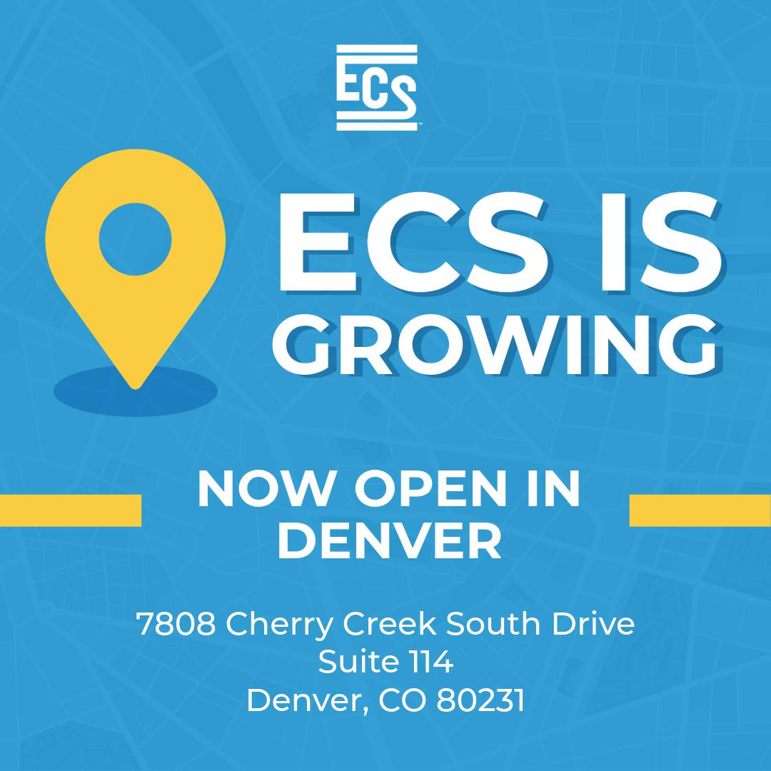 Graphic announcing ECS's new office location. The background features a blue abstract map design with a large yellow location pin icon. White and blue bold text reads: 'ECS is Growing. Now Open in 'Johnstown.' Below that, the address is listed: '7808 Cherry Creek South Drive, Suite 114, Denver, CO,.' The ECS company logo appears at the top.