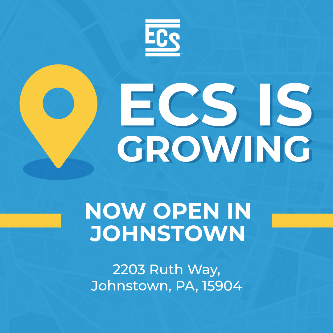 Graphic announcing ECS's new office location. The background features a blue abstract map design with a large yellow location pin icon. White and blue bold text reads: 'ECS is Growing. Now Open in 'Johnstown.' Below that, the address is listed: '2203 Ruth Way, Johnstown, PA,.' The ECS company logo appears at the top.