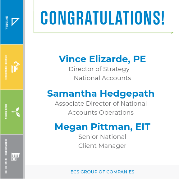Graphic announcing ECS National Accounts promotions for Vince Elizarde, PE, Samantha Hedgepath, and Megan Pittman, EIT