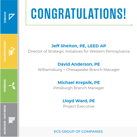 Congratulations group graphic with "Jeff Shelton, PE, LEED AP Director of Strategic Initiatives for Western Pennsylvania, David Anderson, PE Williamsburg + Chesapeake Branch Manager, Michael Krepsik, PE Pittsburgh Branch Manager, Lloyd Ward, PE Project Executive" listed and ECS Group of Companies on the Bottom