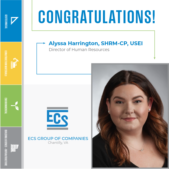 Congratulations Graphic for Alyssa Harrington's Promotion. with ECS Logo in the bottom center and Alyssa Harrington's Headshot in the bottom right.