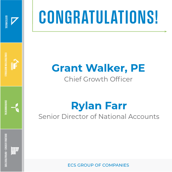 Congratulations group graphic with "Grant Walker, PE Chief Growth Officer, and Rylan Farr Senior Director of National Accounts" listed and ECS Group of Companies on the Bottom