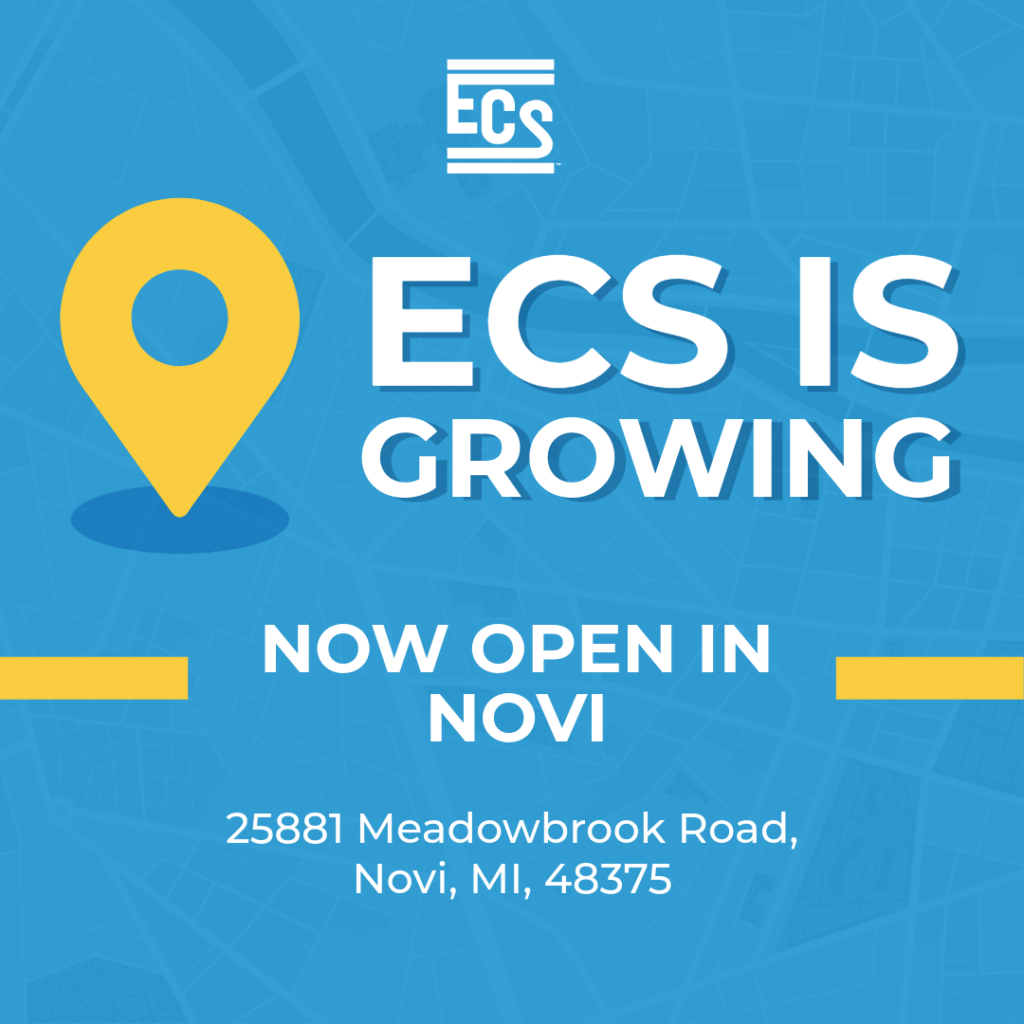 Graphic announcing ECS's new office location. The background features a blue abstract map design with a large yellow location pin icon. White and blue bold text reads: 'ECS is Growing. Now Open in 'Novi.' Below that, the address is listed: '25881 Meadowbrook Road, Novi, MI, 48375.' The ECS company logo appears at the top.