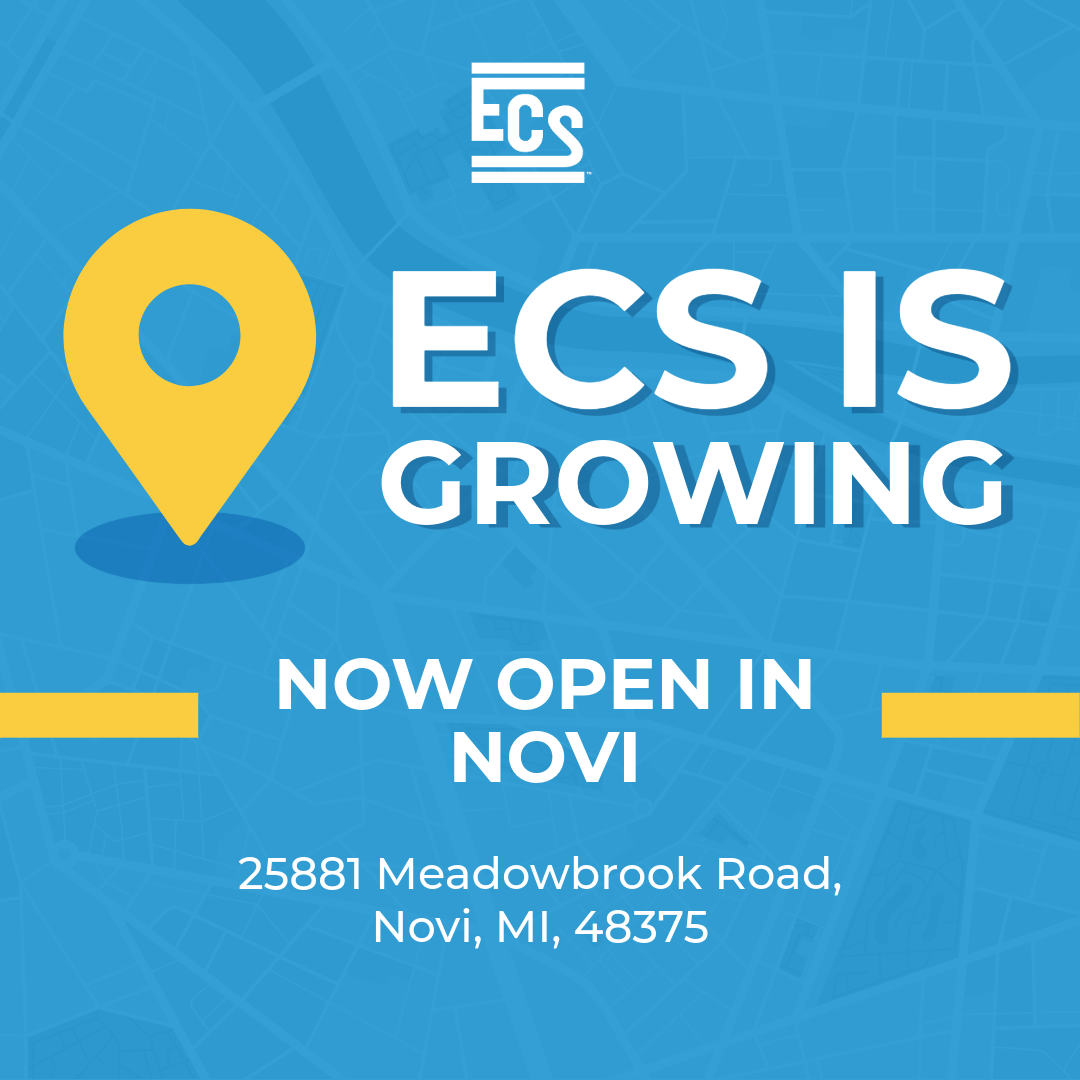 Graphic announcing ECS's new office location. The background features a blue abstract map design with a large yellow location pin icon. White and blue bold text reads: 'ECS is Growing. Now Open in 'Novi.' Below that, the address is listed: '25881 Meadowbrook Road, Novi, MI, 48375.' The ECS company logo appears at the top.