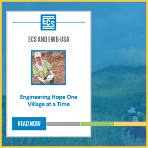 News promotional graphic featuring Bryan Layman, and an ECS logo and title "ECS AND EWB-USA" with photo of Bryan Layman in ECS work gear, and a "Read More" button.